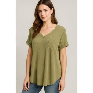 Entro Top‎ Womens S Army Green Ribbed V Neck Blouse Y2K Grunge Minimalist